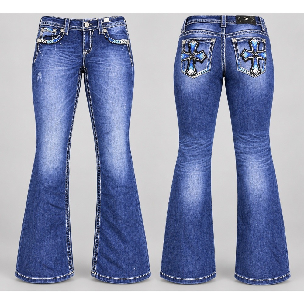 Miss Me boot jeans womens 29 x 30.5 turquois cross low rise sequins Rhinestone